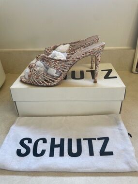 SCHUTZ Floral Pink Strappy Knot-Front Stiletto Mules